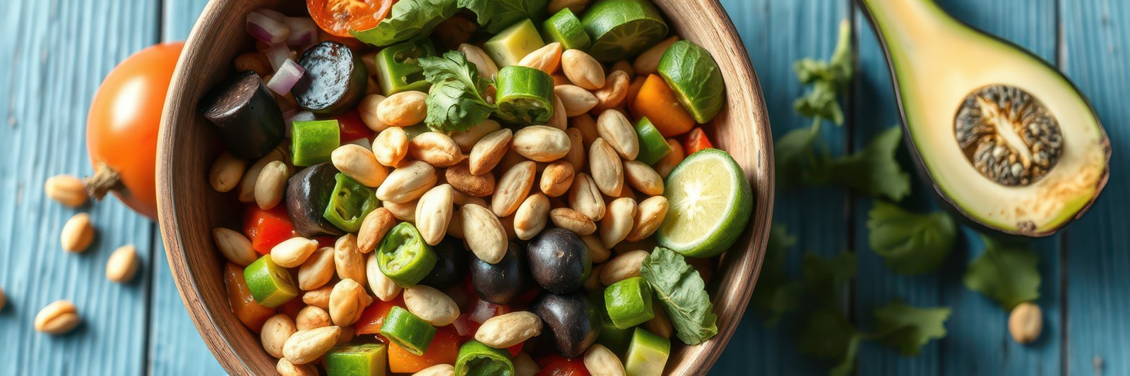 Fresh and colorful vegetable salad with nuts and avocado placed on a wooden table in a bright kitchen
